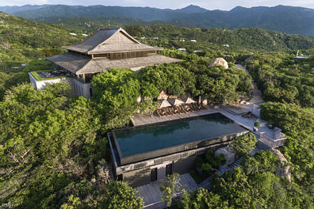 Aerial view of Central Pavilion and Cliff Pool on the hilltop at amanoi luxury resort vietnam
