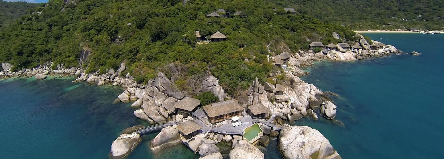 aerial view with the rock retreat at six senses ninh van bay