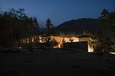 entrance courtyard at night at Amankora Thimphu lodge Bhutan