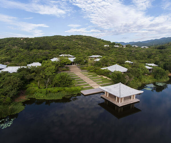 Yoga Pavilion by the lake - aerial view at amanoi luxury resort vietnam