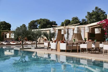 swiming pool and sun loungers and restaurant terrace at The Margi hotel