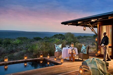 Sunset view from Ecca Lodge suite terrace at Kwandwe South Africa