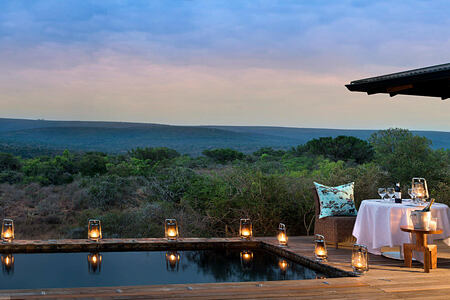 Evening scene across the bushveldt from Ecca Lodge suite at Kwandwe South Africa