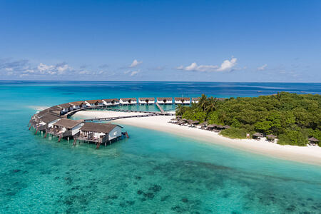 Low angle aerial view of reethi beach resort maldives
