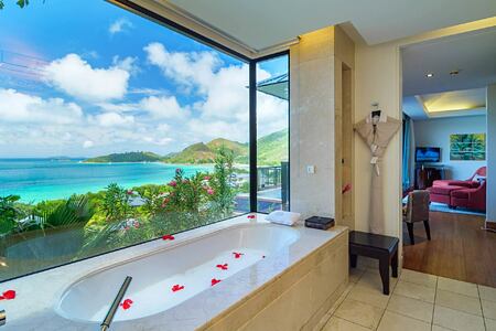 Panoramic view from Twin Bath villa at Raffles Praslin Seychelles