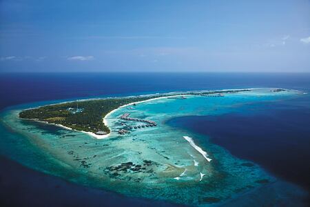 Aerial view island at Shangri la Villingili Maldives