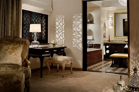 Arabian Court Prince Suite Bedroom Overlooking Bathroom at The Royal Mirage Dubai