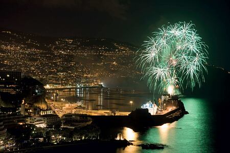 Nightime aerial view with fireworks at Belmond Reids Palace Madeira Portugal