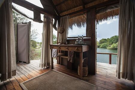 Room overlooking Zambezi at Sindabezi Island Zambia