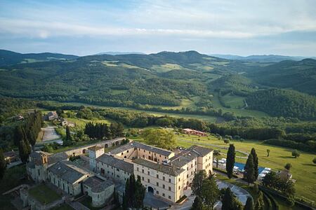 View of hotel and surrounding countryside at Castello di Casole Italy