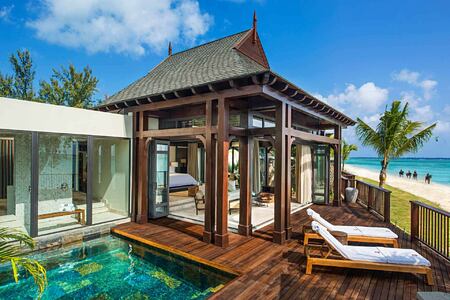 Villa Bedroom with view from terrace at St Regis Mauritius