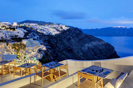 ASEA Restaurant at night at Mystique Santorini Greece