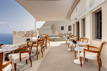 Captains Lounge Breakfast Terrace at Mystique Santorini Greece
