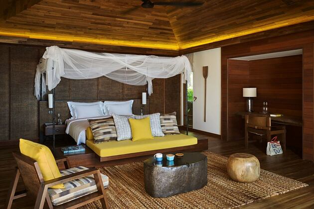 master bedroom in two bedroom villa at six senses zil pasyon seychelles