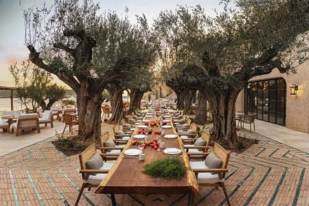 Eating outside under olive trees at HaSalon Six Senses Ibiza
