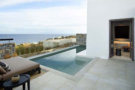 Kalesma Mykonos exterior view of a suite showing the pool and sea views