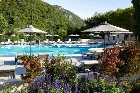 MarBella Nido Corfu pool with mountain backdrop