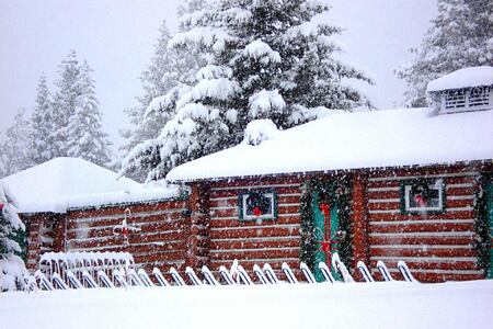 Cabin in the snow at Fairmont Jasper Park Lodge Canada